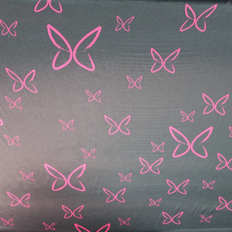 Special Price Fuchsia Large Butterfly on Black Ground Printed Silk Charmeuse Fabric Special Price Fuchsia Large Butterfly on Black Ground Printed Silk Charmeuse Fabric
