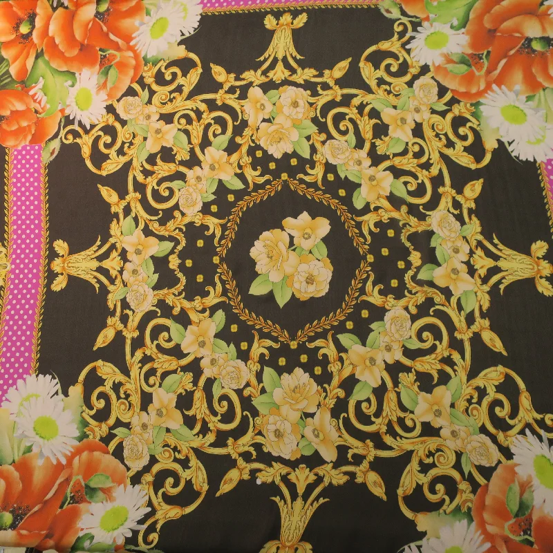 Price Drop Fuchsia Black and Gold Floral Printed Silk Chiffon Fabric