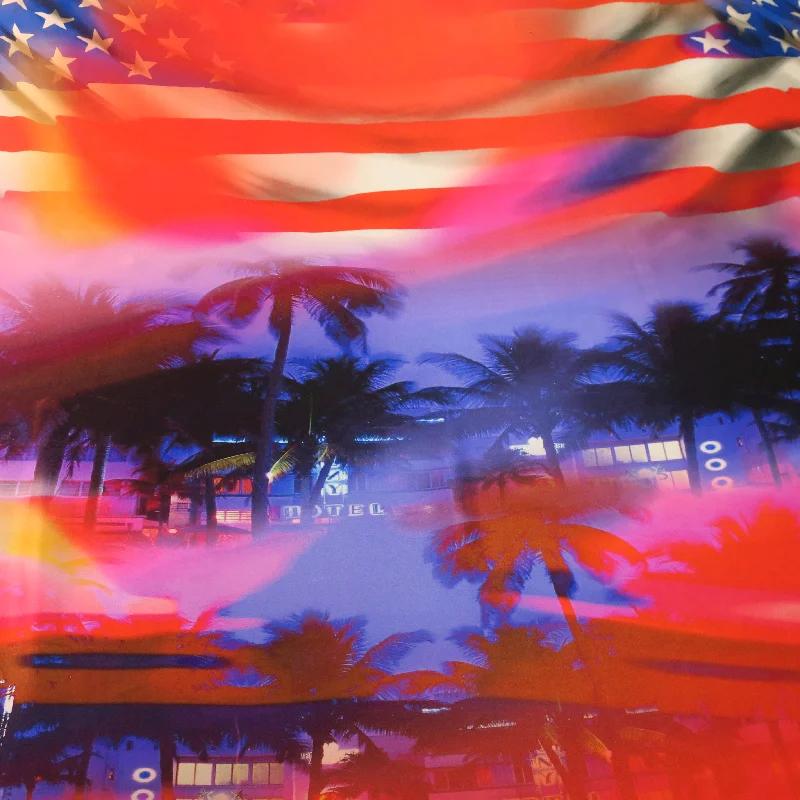 Mega Deal Orange and Blue Accents US Flag Printed Silk Charmeuse Fabric