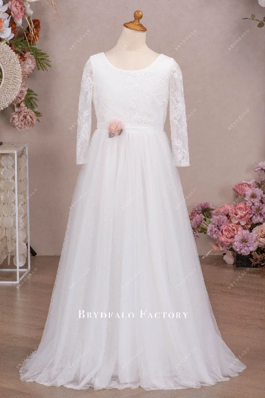 Crazy Deals Ultra Soft Lace Tulle Sleeved Floor Length Flower Girl Dress