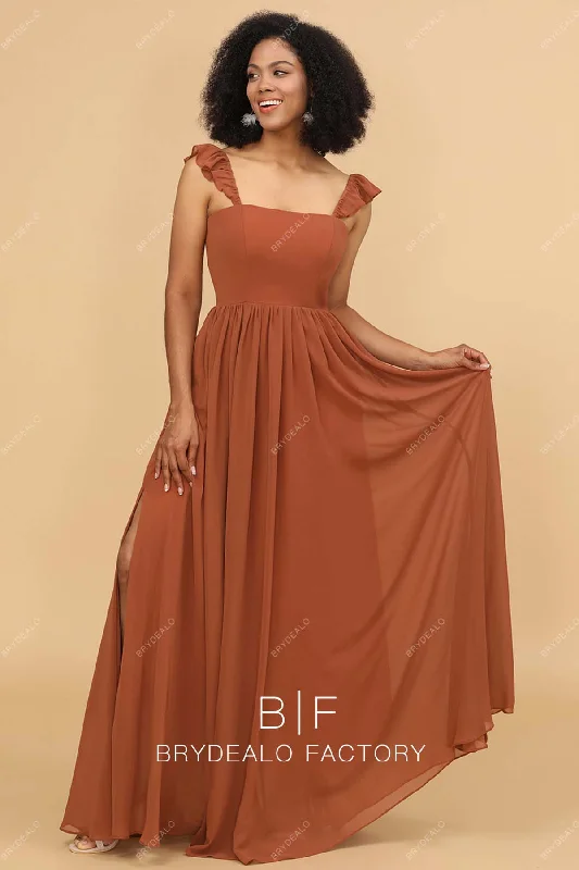 Bonus Savings Flutter Straps Rusty Chiffon Slit A-line Bridesmaid Dress