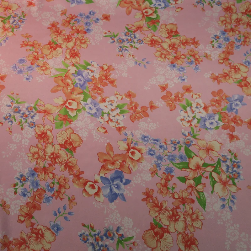 Deal Mania Light Blue and Coral with a Light Pink Floral Printed Silk Charmeuse Fabric Deal Mania Light Blue and Coral with a Light Pink Floral Printed Silk Charmeuse Fabric