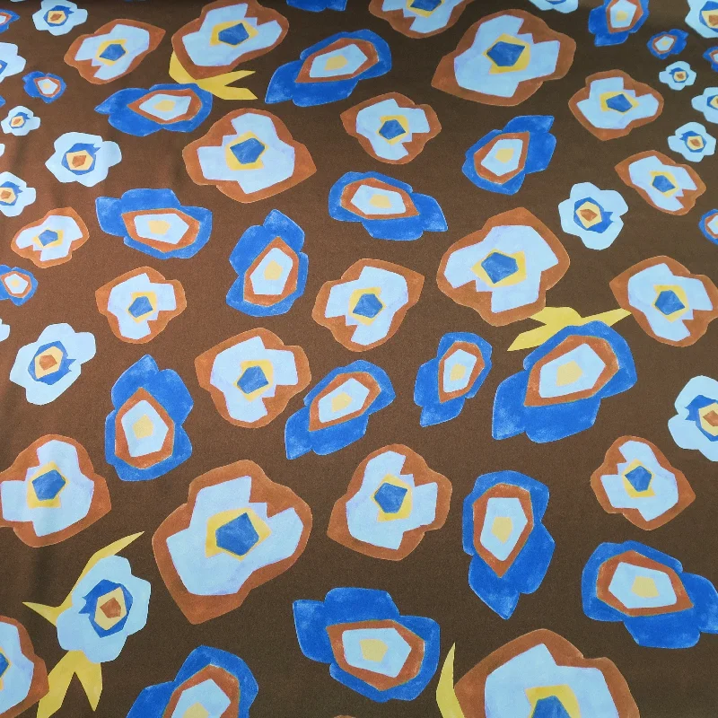 Act Fast Illusion Blue Flowers on Brown Ground Silk Charmeuse Fabric