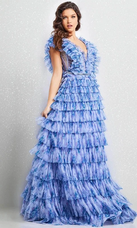 Friends and Family Sale Jovani 39143 - Sheer V-Neck Tiered Long Dress