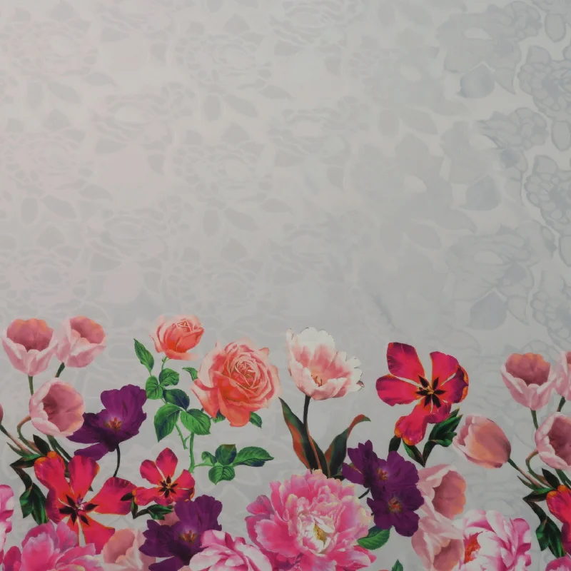 Price Rollback Fuchsia and Purple Floral on Grey Printed Polyester Mikado Fabric