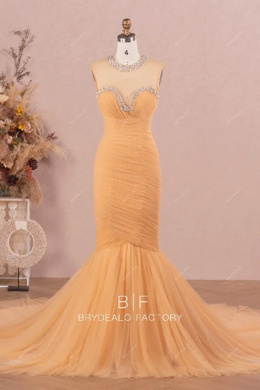 Closeout Marigold Beaded Illusion Neck Pleated Tulle Mermaid Bridal Gown