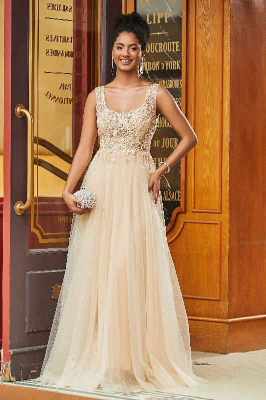 Seasonal Clearance Scoop Neck Applique A-Line Tulle Long Dress