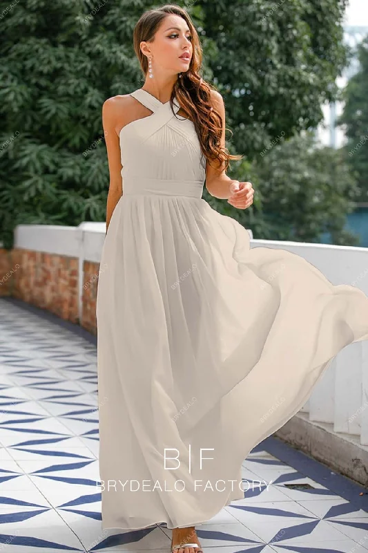 Deep Discounts Taupe Ruched Halter Neck Floor Length Chiffon Bridesmaid Dress