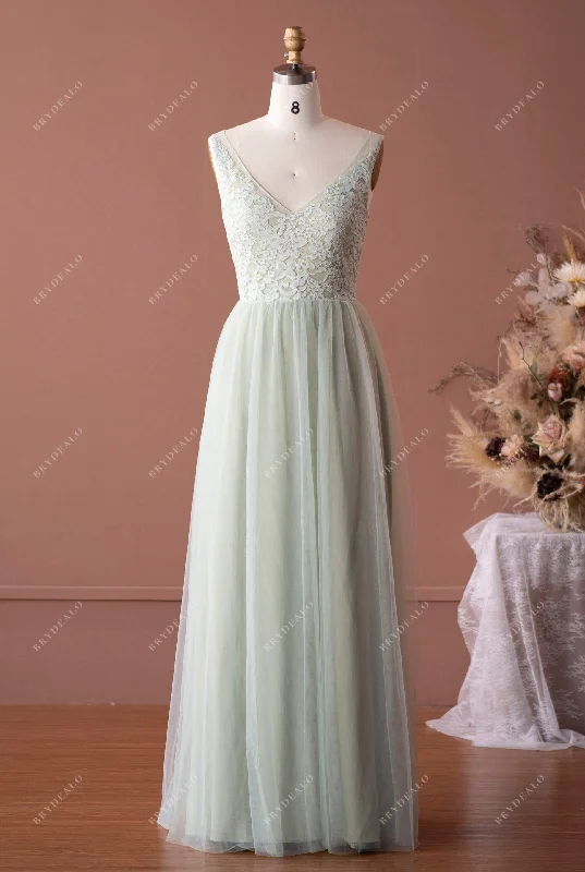 Special Price Sage Green Lace Tulle Keyhole Back Bridesmaid Dress