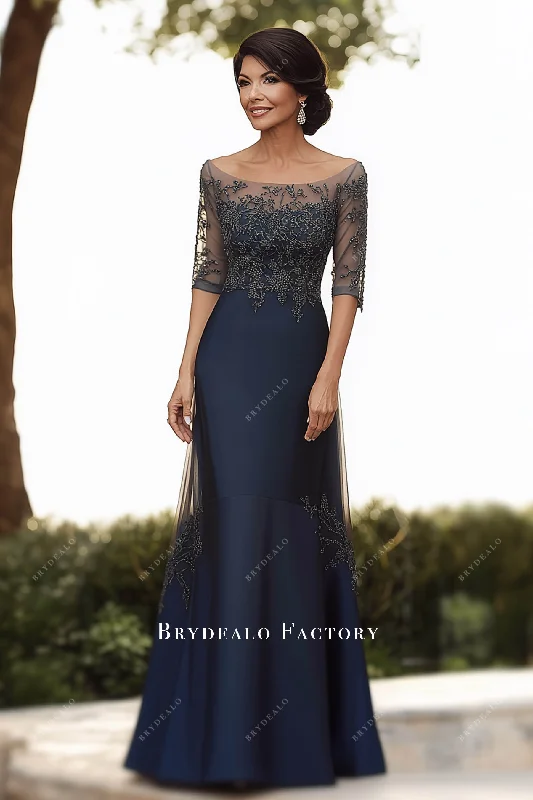 Act Now Ready To Ship | Navy Sleeved Beaded Lace Mother of Bride Dress