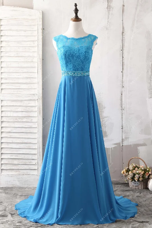 Discount Days Ocean Blue Lace Chiffon V-back Bridesmaid Dress