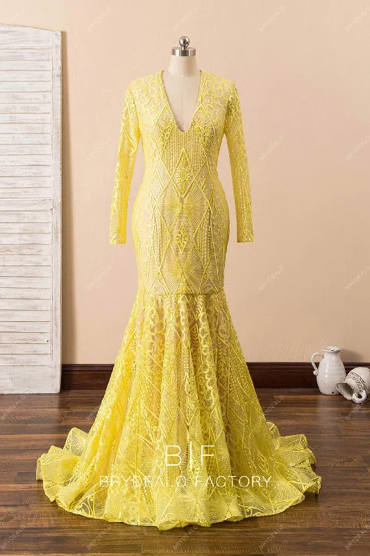 Act Now Yellow Geometry Pattern Lace Mermaid Prom Dress