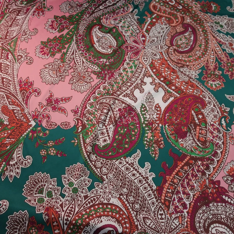 Savings Galore Pink Paisley on Teal Ground Printed Silk Charmeuse Fabric