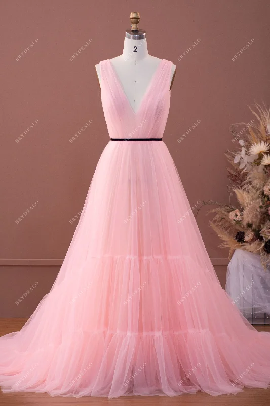 Discount Mania Baby Pink Pleated Tiered Tulle Formal Prom Dress