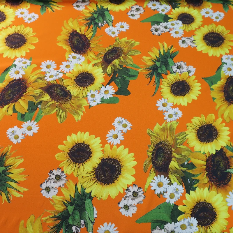 Instant Discount Sunflower and Daisy on Orange Ground Printed Silk Charmeuse