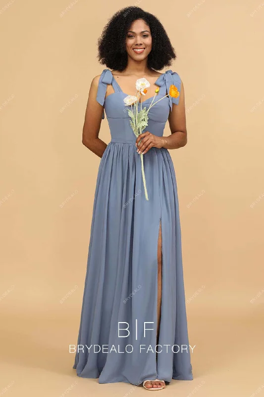 Extra Savings Dusty Blue Chiffon Shoulder Tie Sweetheart Empire Bridesmaid Dress