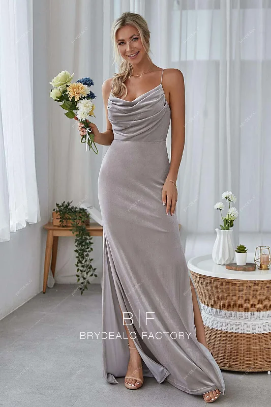 Savings Galore Cowl Neck Grey Velvet Slit Column Floor Length Prom Bridesmaid Dress