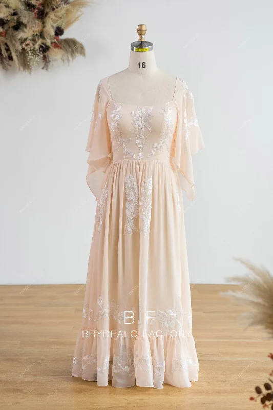 Super Deal Peach Chiffon Flutter Sleeve Floor Length Bridesmaid Gown