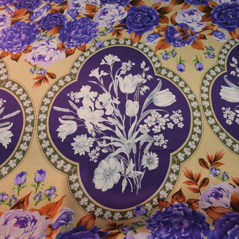 Low Prices Purple White and Beige Floral Printed Silk Charmeuse Fabric