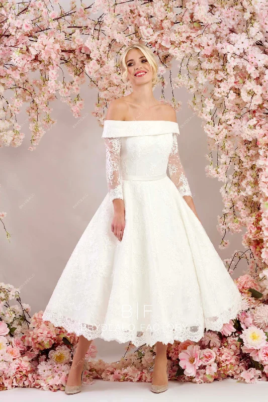 Overstock Vintage Off-Shoulder Lace Tea-Length Wedding Dress