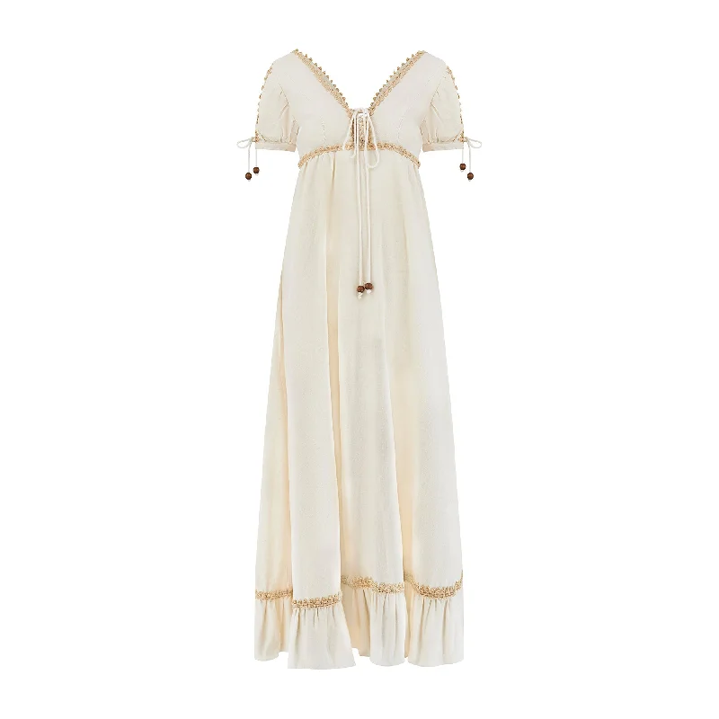 The Best Prices 1960s Gunne Sax Cream Linen Mini Corset Dress with Wooden Beads