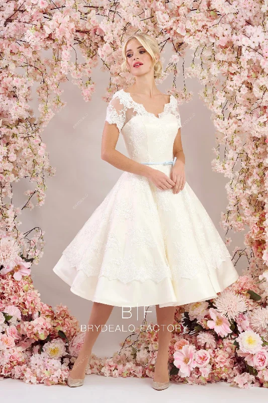 Massive Deals French Lace Knee-Length Wedding Dress with Satin Belt