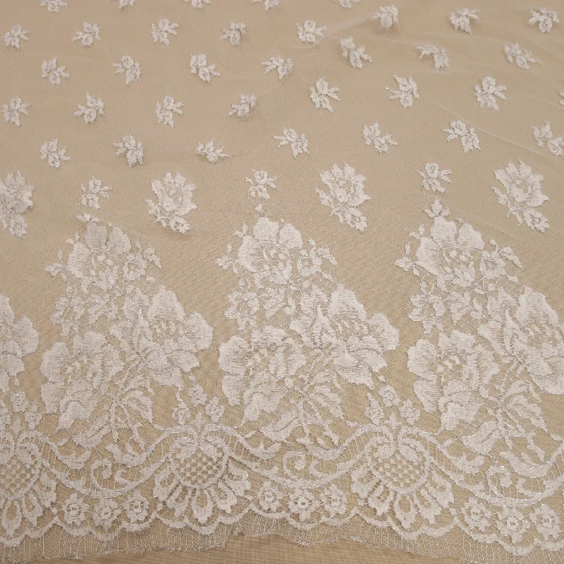 One-DAY Sale White and Silver Embroidered Tulle Floral Single Scalloped Lace