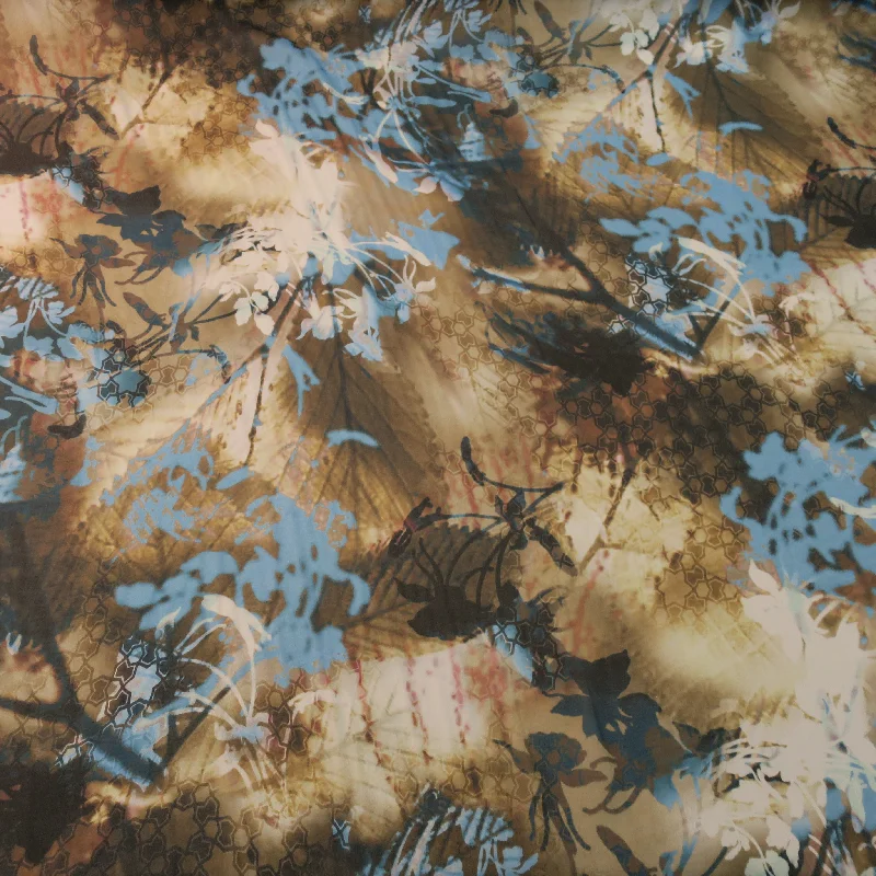 Daily Deals Aqua and Light Brown Abstract Printed Silk Chiffon Fabric