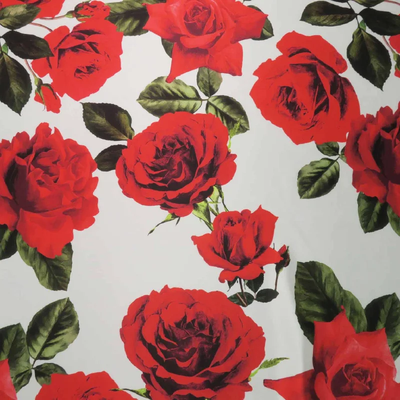 Great Deals Red Roses on White Background Printed Polyester Mikado Fabric