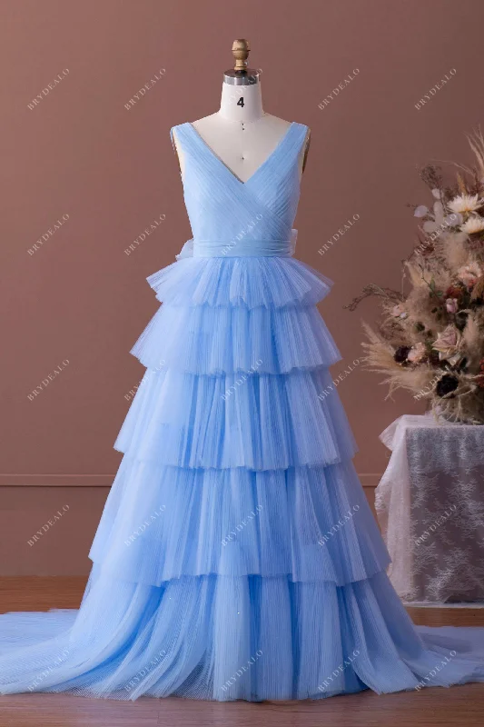 Bargain Prices Blue Straps Pleated Tiered Tulle Formal Dress