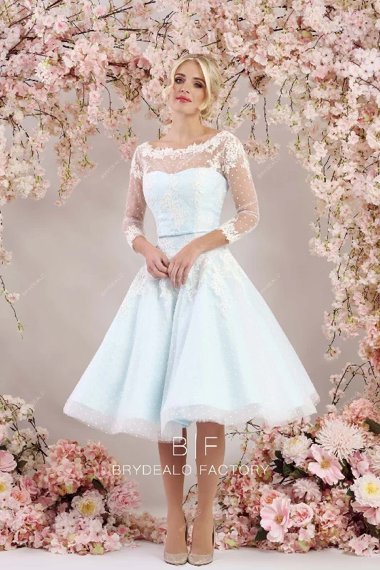 Exclusive Savings Illusion Neck Vintage Dot Tulle Lace Short Sky Blue City Bridal Gown