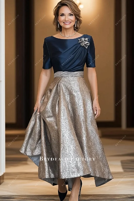 Exclusive Offers Ready To Ship | Two-Tone Navy Silver Ankle Length Mother Of Bride Dress