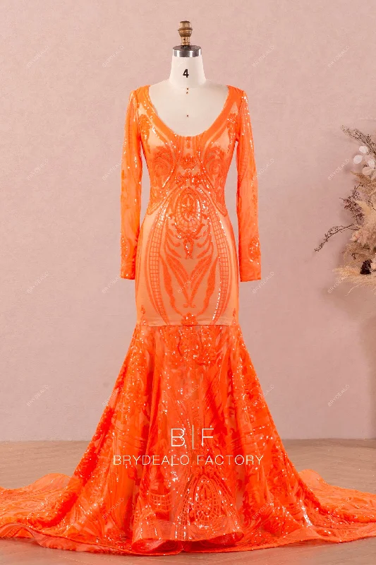 Super Sale Orange Long Sleeve V-neck Patterned Sequin Prom Dress