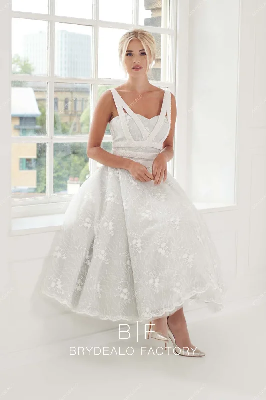 YEAR-End Clearance Unique Straps Lace Grey Tea Length Sleeveless Informal Bridal Dress