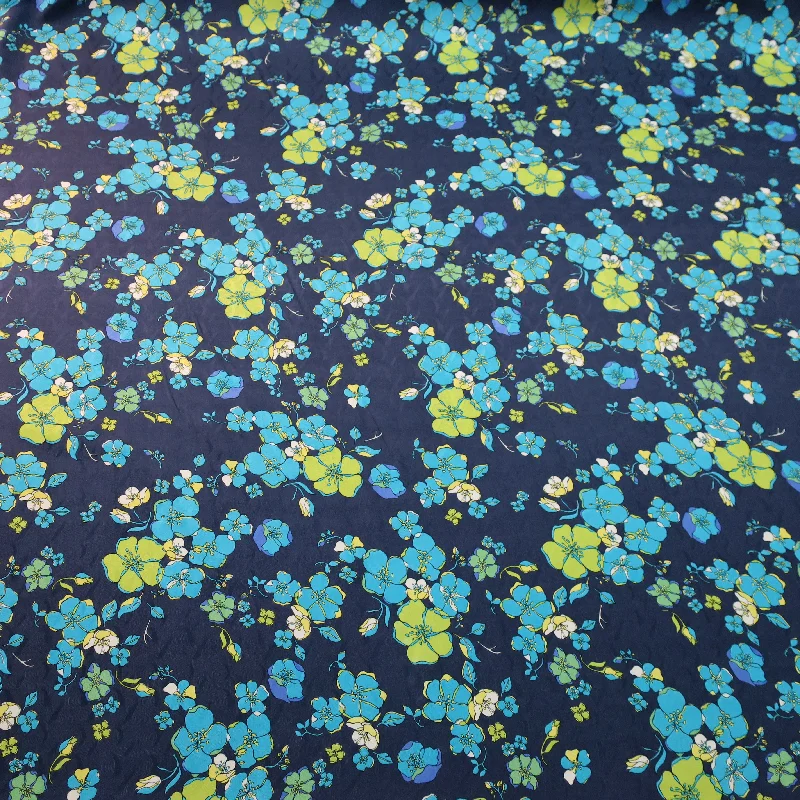 Best Seller Aqua and Light Green Floral on a Dark Blue Background China Silk Fabric Best Seller Aqua and Light Green Floral on a Dark Blue Background China Silk Fabric