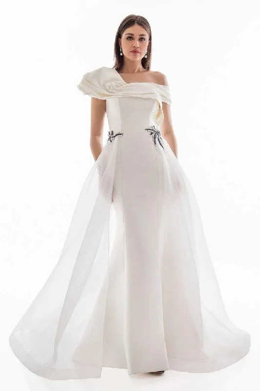 Best Deals Terani Couture - 1821E7100 Dramatic Off Shoulder Sheer Overskirt Gown