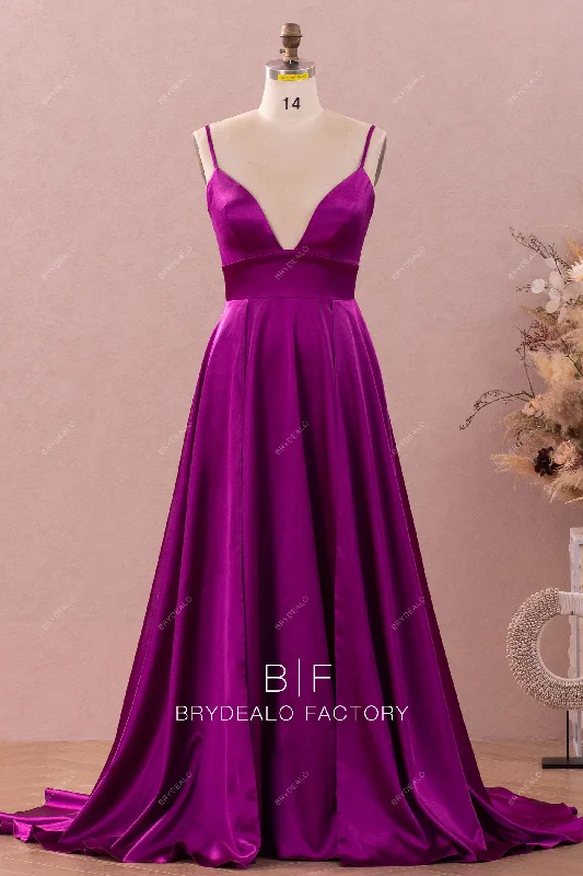 Clearance Sale Raspberry Silky Satin Thin Straps Prom Dress with Slits