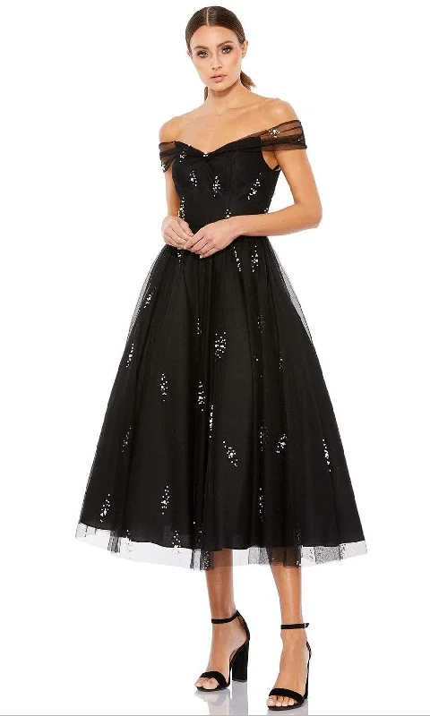 Blowout Deals Ieena Duggal - 26498 Tea Length Pearl-Ornate A-Line Dress