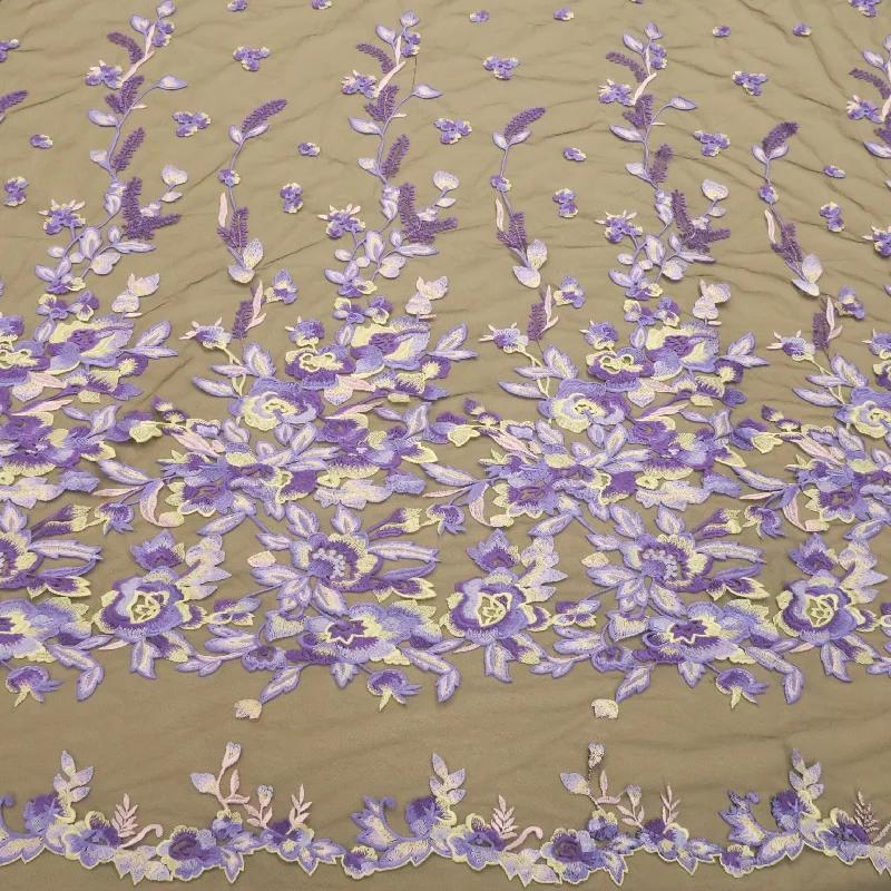 Limited Availability Black Tulle with Light Purple Floral Embroidered Fabric