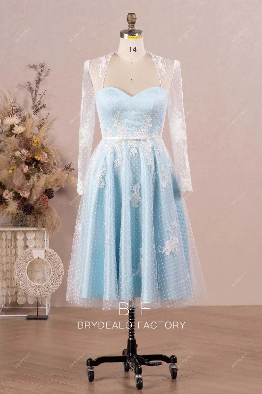 Take Advantage Chic Lace Queen Anne Sky Blue Tea Length Casual Bridal Dress
