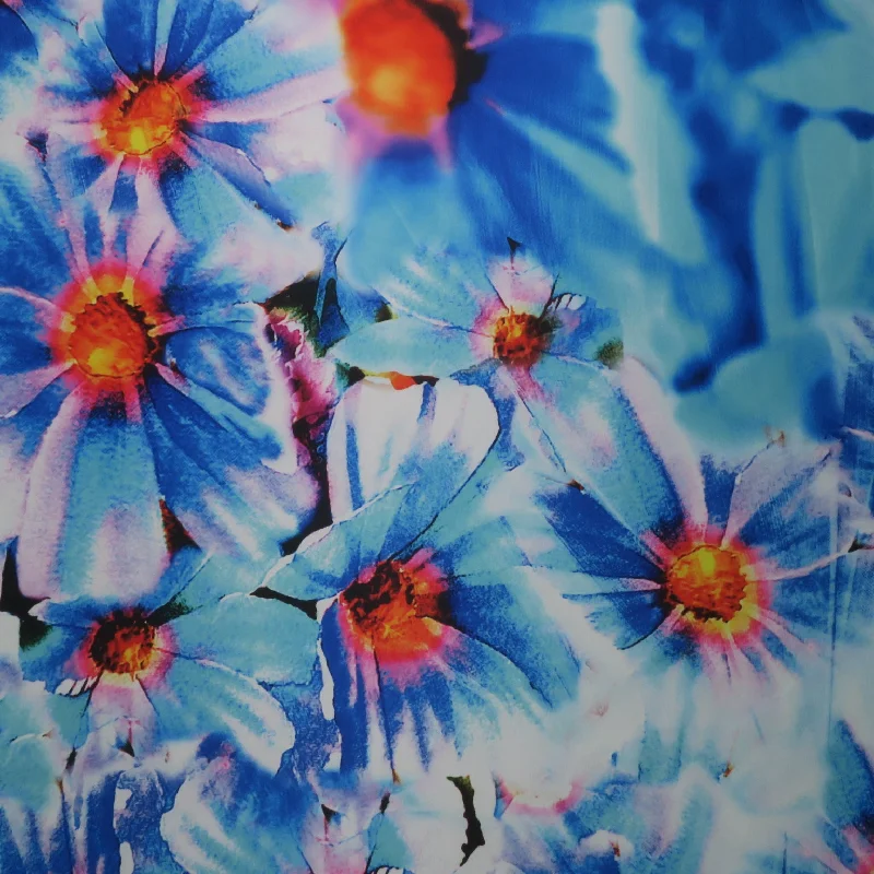 New Deals Blue and Orange Floral on Blue Background Printed Polyester Mikado Fabric New Deals Blue and Orange Floral on Blue Background Printed Polyester Mikado Fabric
