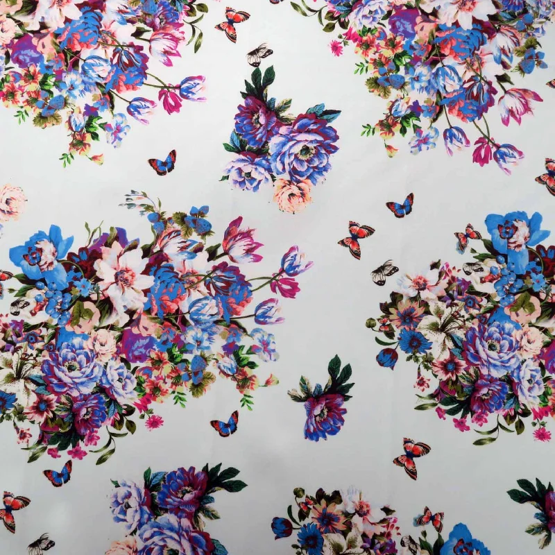 Amazing Deals Blue Roses on White Background Printed Polyester Mikado Fabric