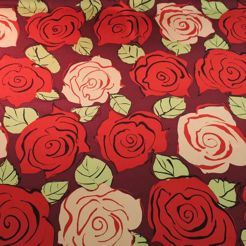 Blowout Deals Red and Beige Floral on a Wine Background Silk Charmeuse Fabric