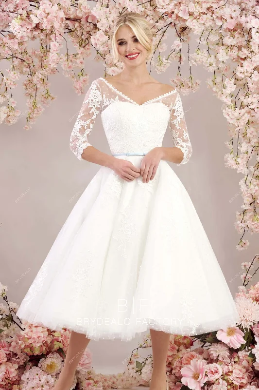 Price Buster V-neck 3/4 Sleeves Vintage Dot Tulle Lace Casual Wedding Dress
