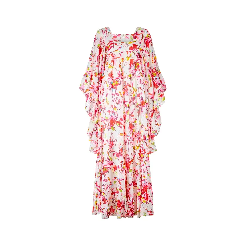 Savings Spectacular 1970s David Silverman Peacock Print Angel Sleeve Dress