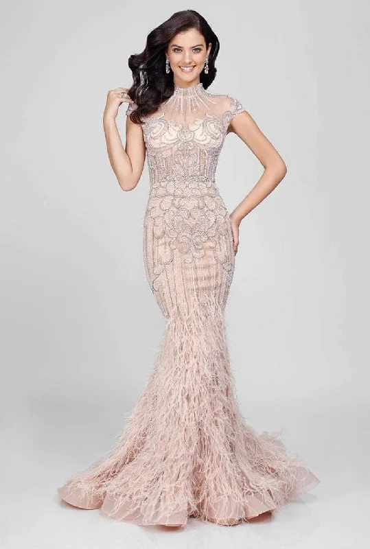 Discount Deals Terani Couture - 1721GL4446 Feathered High Neck Mermaid Dress