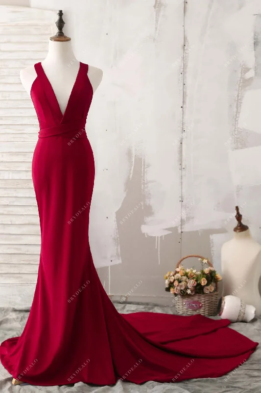 Huge Discounts Luxury Ruby Jersey V-neck Mermaid Bridesmaid Dress