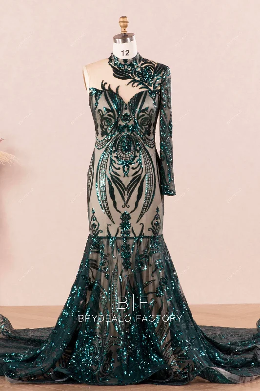 Huge Discounts Dark Green One Sleeve Sparkly Sequin Mermaid Prom Dress
