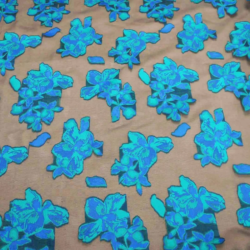 Incredible Offers Blue Floral in a Black Background Textured Brocade Fabric