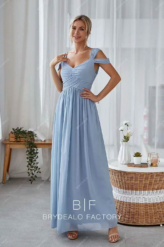 Customer Appreciation Sale Dusty Blue Cold Shoulder Pleated Empire Chiffon Bridesmaid Gown Customer Appreciation Sale Dusty Blue Cold Shoulder Pleated Empire Chiffon Bridesmaid Gown